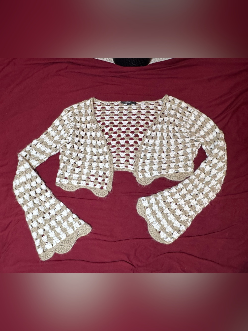 Lulu's Beige and White Crochet Open-Weave Shrug